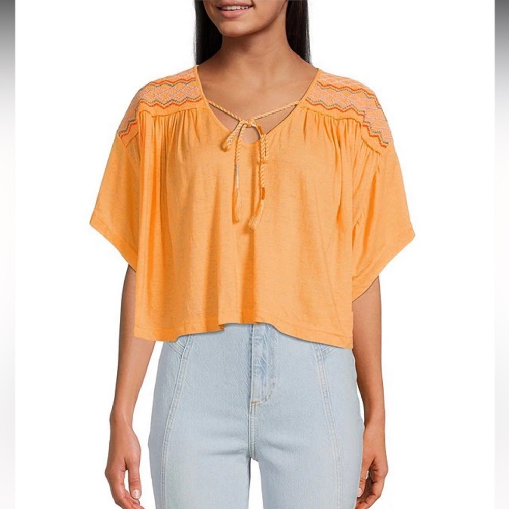 Free People Market Embroidery Trim Tassel Dolman Sleeve Tee, NWT, Size Medium